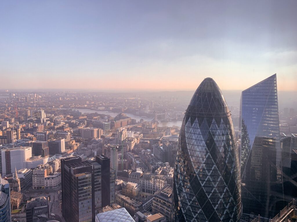 Aerial view of London skyline with Gherkin